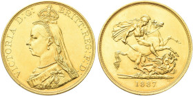 GRAN BRETAGNA. Regina Vittoria, 1837-1901 
5 Sterline 1887. Au gr. 39,76 Dr. Busto velato e coronato a s. Rv. San Giorgio mentre trafigge il drago. K...