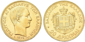 GRECIA. Giorgio I, 1863-1913 
20 Dracme 1876, zecca di Parigi. Au gr. 6,43 Dr. Testa nuda a d. Rv. Stemma coronato entro padiglione. KM#47; Fried. 18...