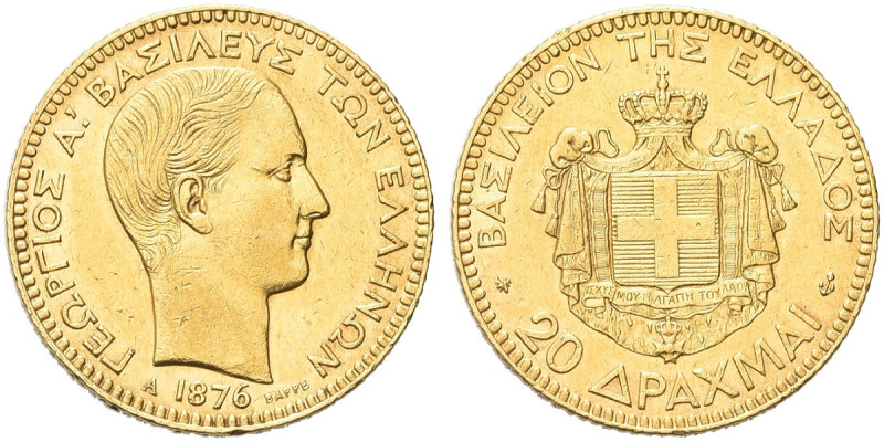 GRECIA. Giorgio I, 1863-1913 
20 Dracme 1876, zecca di Parigi. Au gr. 6,44 Come...