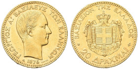 GRECIA. Giorgio I, 1863-1913 
20 Dracme 1876, zecca di Parigi. Au gr. 6,44 Come precedente. Fried. 15.
Molto Raro. SPL