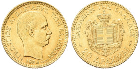 GRECIA. Giorgio I, 1863-1913 
20 Dracme 1884. Au gr.6,43 Dr. Testa nuda a d. Rv. Stemma coronato entro padiglione. Fried. 18.
SPL