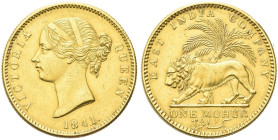 INDIA. 
Mohur 1841, zecca di Calcutta. Au gr. 11,61 Dr. Testa diademata a s. Rv. EAST INDIA COMPANY. Leone andante verso s.; sullo sfondo, albero di ...