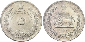 IRAN. Rezah Shah, 1925-1941 (AH 1304-1320) 
5 Rials SH 1310 (1931). Ag gr. 24,88 Dr. Valore entro ghirlanda; sopra, corona. Rv. Sole coronato e leone...