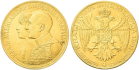 JUGOSLAVIA. Alessandro I, 1921-1934 
4 Ducati 1931. Au gr. 13,91 Dr. Busti accollati a s. Rv. Aquila bicipite coronata ad ali spiegate con stemma. Sc...