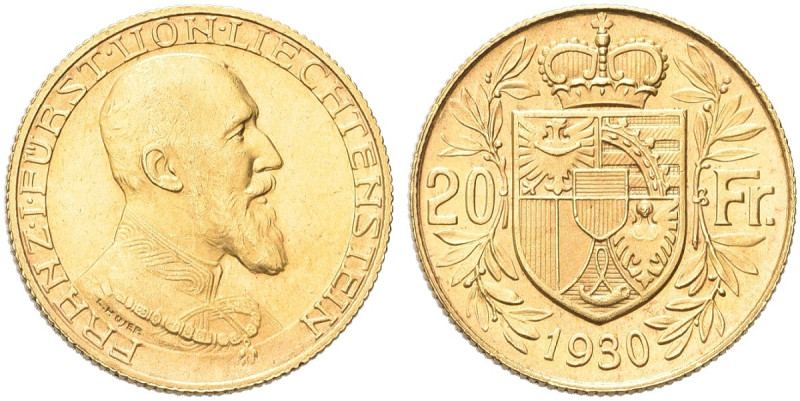 LIECHTENSTEIN. Francesco I, 1929-1938 
20 Franchi 1930. Au gr. 6,44 Dr. Busto b...