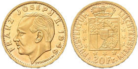 LIECHTENSTEIN. Francesco Giuseppe II, 1938-1984 
20 Franchi 1946. Au gr. 6,45 Dr. Testa nuda a s. Rv. Stemma Nazionale. KM# Y12; Fr. 17.
Raro. FDC