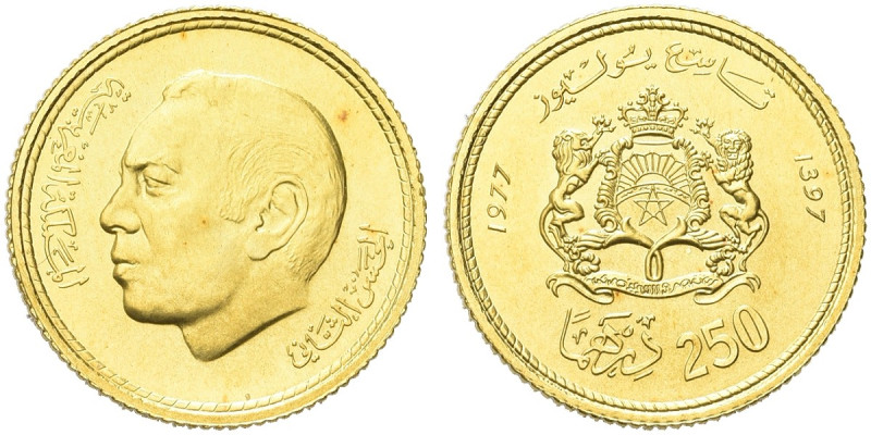 MAROCCO. Hassan II, 1962-1999 
250 Dirhams 1977. Au gr. 6,53 Come precedente. K...