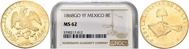 MESSICO. Repubblica, dal 1821 
8 Escudos 1868 EG, zecca di Guanajuato. Au gr. 2...