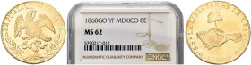 MESSICO. Repubblica, dal 1821 
8 Escudos 1868 EG, zecca di Guanajuato. Au gr. 26,99 Dr. REPUBLICA MEXICANA Aquila ad ali spiegate su cactus tiene nel...
