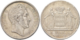 MONACO. Onorato V, 1819-1841 
5 Franchi 1837. Ag gr. 24,91 Dr. Testa nuda a d. Rv. Scudo dei Grimaldi sormontato da corona principesca e sorretto da ...