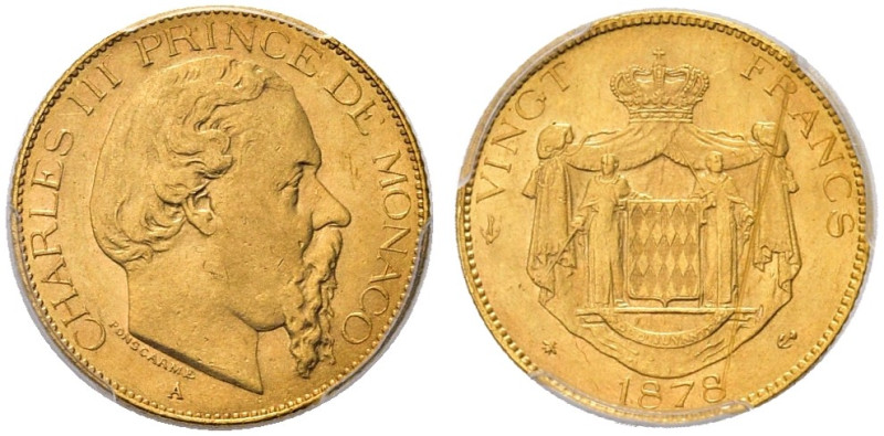 MONACO. Carlo III, Principe di Monaco 1856-1889 
20 Franchi 1878, zecca di Pari...