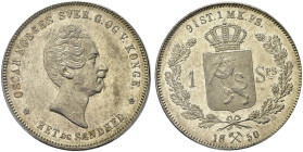 NORVEGIA. Oscar I, 1844-1859 
Speciedaler 1850, zecca di Kongsberg. Ag Dr. Testa nuda a d. Rv. Stemma coronato; ai lati, valore, tutto tra due rami d...