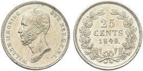 OLANDA. Guglielmo II, 1840-1849 
25 Centesimi 1849. Ag gr. 3,56 Dr. Testa nuda a s. Rv. Valore e data tra due rami di lauro. KM# 76.
Raro. FDC