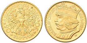 POLONIA. Prima Repubblica 1918-1938 
20 Zlotych 1925, Bolesław Chrobry. Au gr. 6,44 Dr. Aquila coronata ad ali spiegate e volta a s. Rv. Busto corona...