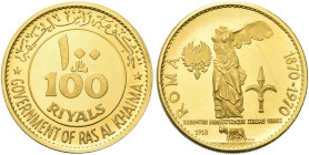 RAS AL-KHAIMAN. Saqr Bin Muhammad al-Qasimi, 1948-2010 
100 Riyals 1970, Centenario di Roma Capitale. Au gr. 20,64 Dr. Duplice legenda in arabo e ing...