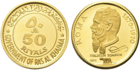 RAS AL-KHAIMAN. Saqr Bin Muhammad al-Qasimi, 1948-2010 
50 Riyals 1970, Centenario di Roma Capitale. Au gr. 10,36 Dr. Duplice legenda in arabo e ingl...