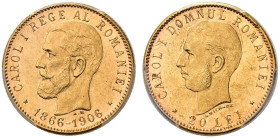 ROMANIA. Carlo I Hohenzollern Sigmaringen, 1881-1914 
20 Lei 1906. Au gr. 6,45 Dr. Testa nuda a s., con lunga barba. Rv. Testa nuda a s. KM#37; Fried...