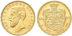 ROMANIA. Carlo I Hohenzollern Sigmaringen, 1881-1914 
20 Lei 1890 B, zecca di Bucarest. Au gr. 6,44 Dr. Testa nuda a s. Rv. Stemma coronato con ai la...