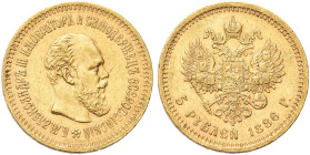 RUSSIA. Alessandro III, 1881-1894 
5 Rubli 1886 AΓ. Au gr. 6,45 Dr. Testa nuda a d. Rv. Aquila bicipite coronata. Fried. 169(5).
SPL