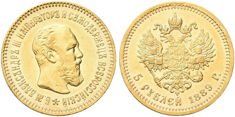 RUSSIA. Alessandro III, 1881-1894
5 Rubli 1889 AΓ. Au gr. 6,43 Come precedente....