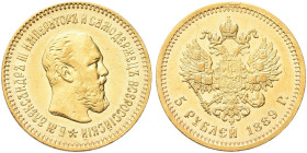 RUSSIA. Alessandro III, 1881-1894
5 Rubli 1889 AΓ. Au gr. 6,43 Come precedente. Bitkin 27; Fried. 168.
Raro. SPL