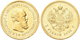RUSSIA. Alessandro III, 1881-1894 
5 Rubli 1891 AΓ. Au gr. 6,44 Dr. Testa nuda a d. Rv. Aquila bicipite coronata con scettro e globo crucigero. Bitki...