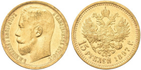 RUSSIA. Nicola II, 1894-1917 
15 Rubli 1897 AΓ. Au gr. 12,87 Dr. Testa nuda a s. Rv. Aquila bicipite coronata con scettro e globo crucigero. KM#65; F...