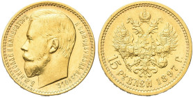 RUSSIA. Nicola II, 1894-1917 
15 Rubli 1897 AΓ. Au gr. 12,88 Come precedente. KM#65; Fried. 177.
SPL
