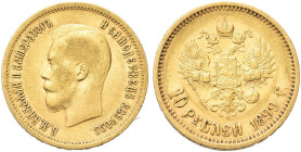 RUSSIA. Nicola II, 1894-1917 
10 Rubli 1899 AΓ. Au gr. 8,58 Dr. Testa nuda a s. Rv. Aquila bicipite coronata con scettro e globo crucigero. Bitkin 4;...
