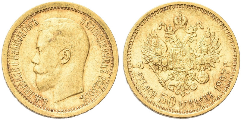 RUSSIA. Nicola II, 1894-1917 
7 e Mezzo Rubli 1897 AΓ. Au gr. 6,44 Dr. Testa nu...