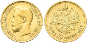 RUSSIA. Nicola II, 1894-1917 
7 e Mezzo Rubli 1897 AΓ. Au gr. 6,44 Come precedente. Bitkin 17; Fried. 178.
Rara. SPL