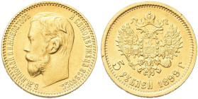 RUSSIA. Nicola II, 1894-1917 
5 Rubli 1899 ЭБ. Au gr. 4,27 Dr. Testa nuda a s. Rv. Aquila bicipite coronata con scettro e globo crucigero. KM#62; Fri...