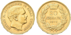 SERBIA. Milan Obrenovich IV, 1868-1889 
20 Dinara 1879 A, zecca di Parigi. Au gr. 6,45 Come precedente. KM#14; Fried. 3.
Raro. SPL