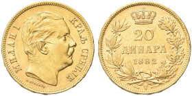 SERBIA. Milan Obrenovich IV, 1868-1889 
20 Dinara 1882 V, zecca di Vienna. Au gr. 6,44 Dr. Testa a d. Rv. Scritta e valore. KM# 17; Fried. 4.
Raro. ...