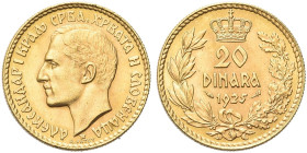 SERBIA. Alessandro I, 1921-1934 
20 Dinari 1925. Au gr. 6,44 Dr. Testa nuda a s. Rv. Valore e data tra ramo di alloro e quercia. KM#7; Fried. 3.
q. ...