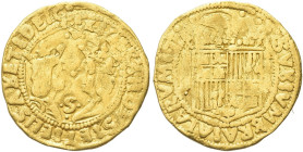 SPAGNA. Fernando V e Isabella, 1476-1516 
Doppio excellente, sigla S, zecca Siviglia. Au gr. 6,84 Dr. [FERN]ANDVS ET ELISABET DEI. Busti affrontati d...