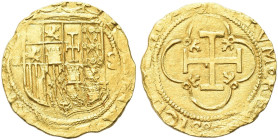 SPAGNA. Giovanna la Pazza con il figlio Carlo, 1516-1519 
Ducato zecca di Siviglia. Au gr. 3,38 Dr. IOHANNA ET CAROLVS. Stemma coronato; ai lati, [.]...