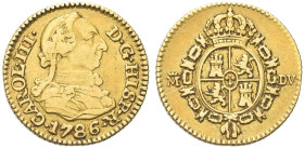 SPAGNA. Carlo III di Borbone, Re di Spagna 1759-1788 
1/2 Escudos 1786. Au gr. 1,75 Dr. Busto corazzato a d. Rv. Stemma coronato. KM#425; Fr. 290.
B...