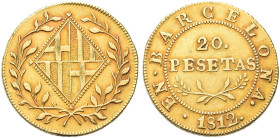 SPAGNA. Giuseppe Napoleone, 1808-1814 
20 Pesetas 1812. Au gr. 6,70 Dr. Stemma tra due rami di alloro. Rv. Valore; sotto, due rami di alloro. Calicò ...