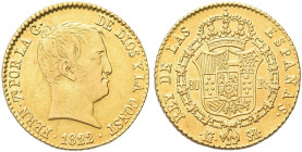 SPAGNA. Ferdinando VII di Spagna, 1808-1833 
80 Reales 1822, Madrid. Au gr. 6,55 Dr. Testa nuda a d. Rv. Stemma coronato con ai lati valore. KM#564.2...