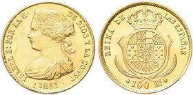 SPAGNA. Isabella II di Spagna, 1833-1868 
100 Reales 1861. Au gr. 8,35 Dr.Testa laureata a s. Rv. Stemma coronato tra due colonne. KM#605; Fried. 331...
