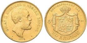 SVEZIA. Oscar II, 1872-1907 
20 Korone 1873. Au gr. 8,94 Dr. Testa nuda a d. Rv. Stemma sormontato da corona entro padiglione. KM#733; Fr. 93.
SPL