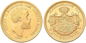 SVEZIA. Oscar II, 1872-1907 
20 Korone 1884. Au gr. 8,94 Come precedente. KM#748; Fried. 93a.
SPL