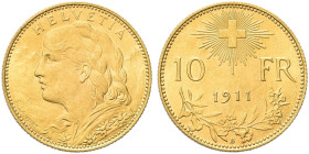SVIZZERA. Confederazione Elvetica, dal 1848 
10 Franchi 1911. Au Dr. Busto muliebre a s.; sullo sfondo, veduta rocciosa. Rv. Croce Svizzera radiata; ...
