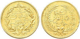 TUNISIA. Abdul Aziz e Muhammad al-Sadiq, 1862-1874 
25 Piastres 1279 (1862-1863). Au gr. 4,84 Dr. Legenda disposta su quattro righe tra due rami di a...