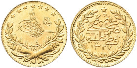 TURCHIA. Muhammed V, 1909-1918 
25 Kurush 1912. Au gr. 1,82 Dr. Toughra tra due rami di alloro e due torce decussate. Rv. Iscrizione araba su quattro...