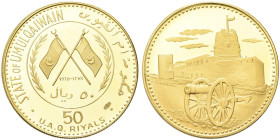 UMM AL QAIWAIN, STATE. Emirato. Ahmad bin Rashid Al Mualla, 1928-1981 
50 Riyals 1970 (= 1389 AH), Umm Al Qaiwain Fort. Au gr. 10,22 Dr. Stemma nazio...
