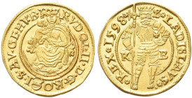 UNGHERIA. Rodolfo II, 1576-1608 
Ducato 1598, Körmöcbánya. Au gr. 3,49 Dr. RVDOL II DG RO I S AV GE HV B. Madonna in trono. Rv. LADISLAVS - REX 1598....