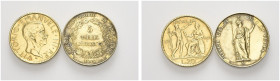 LOTTI MULTIPLI. XVIII-XX secolo 
Lotto di n. 2 monete in argento dorate: 5 Lire per MIlano 1848 e 20 Lire 1927 a. VI. Ag dorato.
Mediamente BB