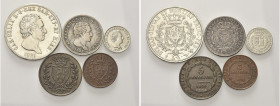 LOTTI MULTIPLI. XVIII-XX secolo
Lotto di 5 monete di Carlo Felice in Ag (5 Lire 1826 - 2 Lire 1827 Ge e- 50 Cent. 1828 To) e in bronzo. Ag e Æ.

Da...